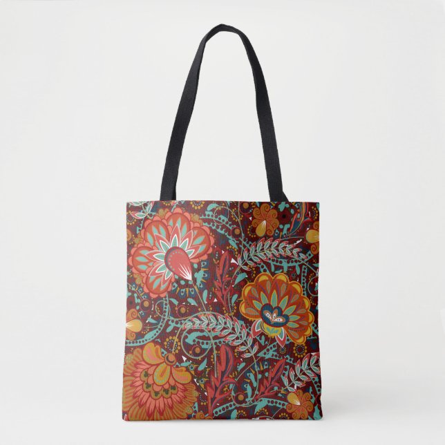 Bolsa Tote Formas florais densas de flores ornamentais de des (Frente)