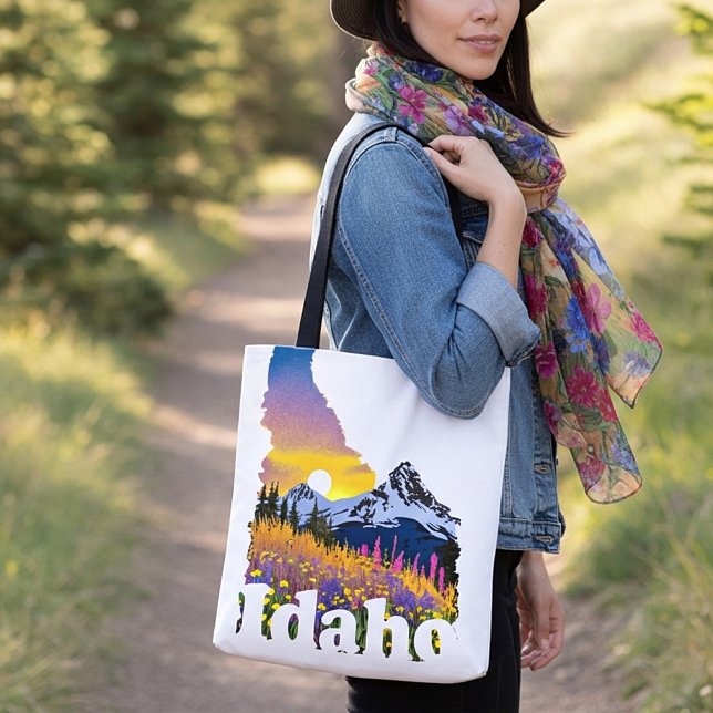 Bolsa Tote Formato de Idaho com montanha e flores silvestres (Criador carregado)