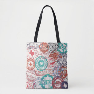 Bolsa Tote Fort Worth Texas Set of Stamps. Carimbo de viagem.