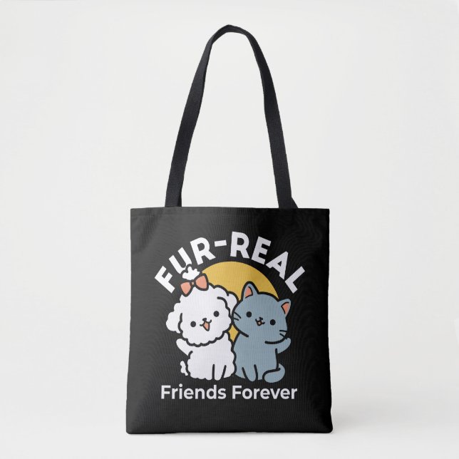 Bolsa Tote Fortes Amigos Para Sempre | Gato e Cão Cachorro Du (Frente)