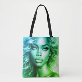 Bolsa Tote Foto Azul + Verde de uma Mulher em Sacola de Compr