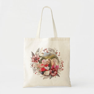 Bolsa Tote Foto da coroa de Natal, flores vermelhas e bagas