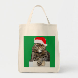 Bolsa Tote Foto da farsa do gato do Natal com chapéu do papa