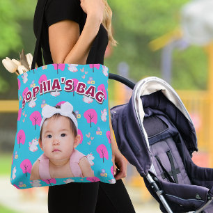 Bolsa Tote Foto de bebê rosa personalizada e Design Unicorn