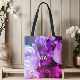 Bolsa Tote Foto de buquê de flores monograma rosa roxo azul