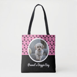 Bolsa Tote Foto de Cachorrinho Fofo e Padrão de Patas Preto e