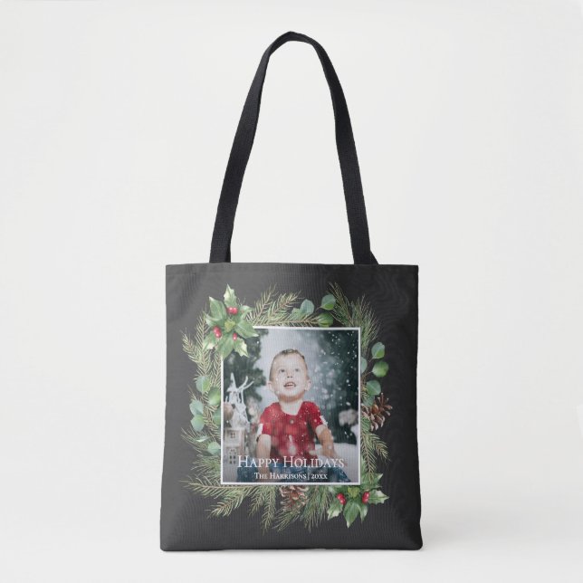 Bolsa Tote Foto de Feliz Natal com Folhagens  (Frente)