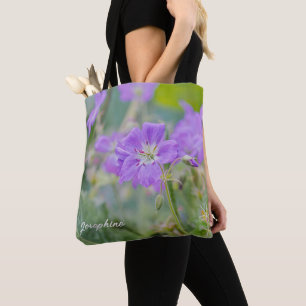 Bolsa Tote Foto de Flor Silvestre Gerânio Roxo com Nome Perso