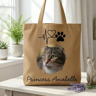 Bolsa Tote Foto de gato heartbeat bege