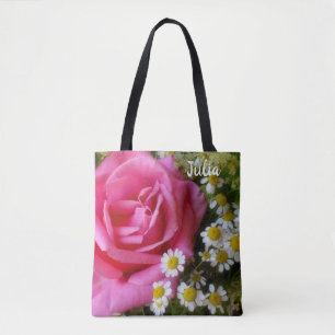 Bolsa Tote Foto de Rosa cor-de-rosa quente e margaridas branc