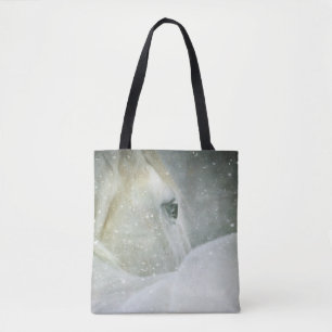 Bolsa Tote Foto de um lindo Cavalo Branco no inverno