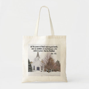 Bolsa Tote Foto de Versículo Bíblico de Inverno na Igreja