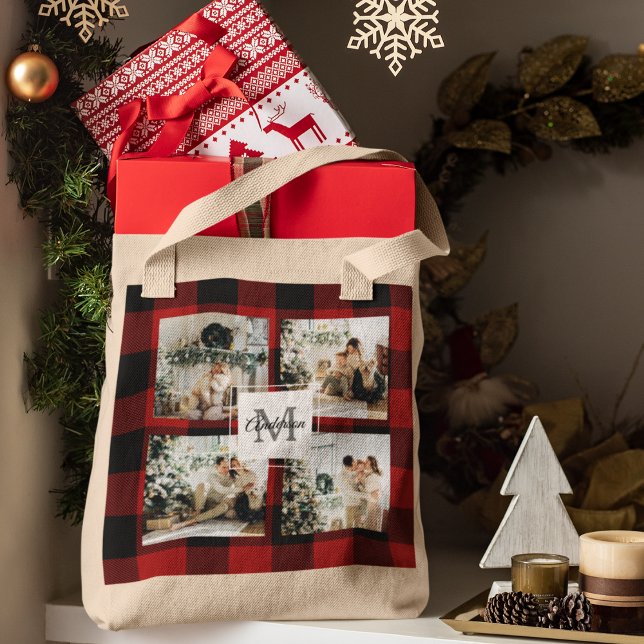 Bolsa Tote Foto de Xadrez e Colagem Red Buffalo com Inicial (Criador carregado)