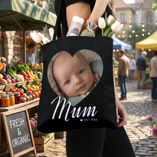 Bolsa Tote Foto em Coração com Letra de Mãe Preta