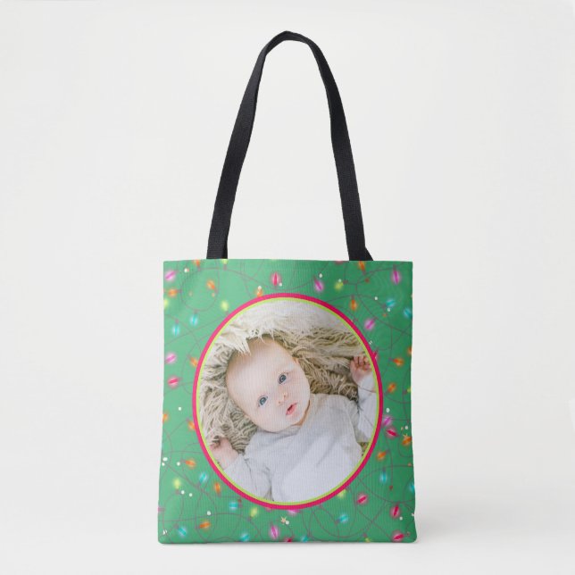Bolsa Tote Foto favorita Luzes de Natal personalizadas (Frente)