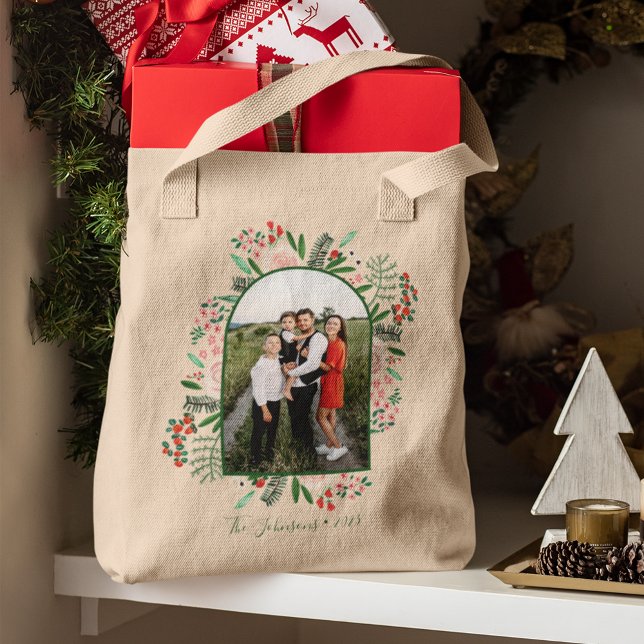 Bolsa Tote Foto floral de Natal (Modern Arch Frame Floral Christmas Photo Tote Bag)