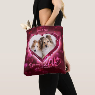 Bolsa Tote Foto Personalizada 2, Pet Love Red & Blue Neon Hea