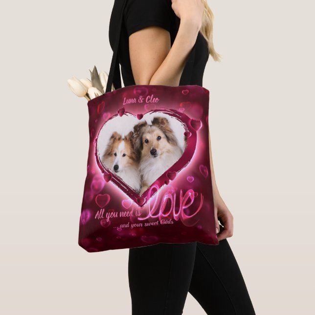 Bolsa Tote Foto Personalizada 2, Pet Love Red & Blue Neon Hea (Close Up)