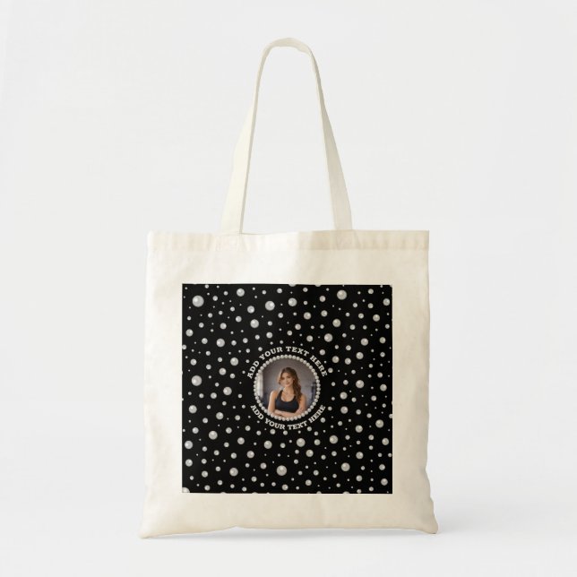 Bolsa Tote Foto Personalizada com Círculo de Pérolas em Preto (Frente)