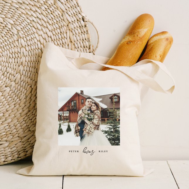 Bolsa Tote Foto personalizada de Casal com script de amor sim (Criador carregado)