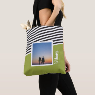 Bolsa Tote Foto personalizada de padrão verde e riscado