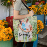 Bolsa Tote Foto Personalizada de Script Preto de Amor Familia<br><div class="desc">Saco de tote personalizado moderno e na moda apresenta uma(s) foto(s) favorita(s) na frente e no verso com um design de camada de tipografia "familiar" mínima que inclui floreio elegante e detalhes cardíacos. A cor do texto preto pode ser modificada. 2 design de frente/verso de fotos permite que você inclua...</div>