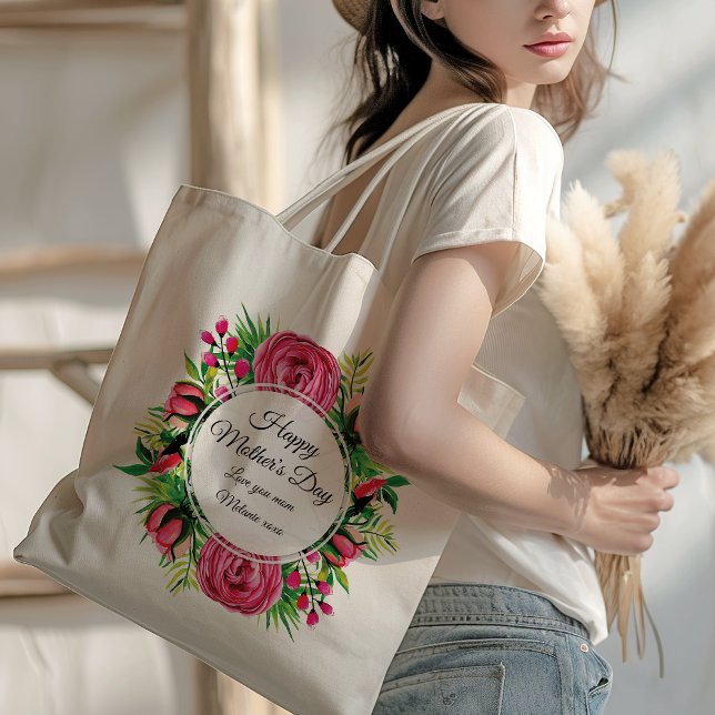 Bolsa Tote Foto Personalizada Floral do feliz dia de as mães (Criador carregado)