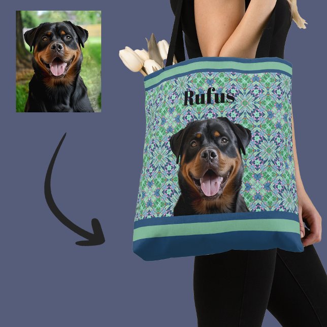 Bolsa Tote Foto Pessoal de Cachorro Pet com Padrão Verde de M (Criador carregado)