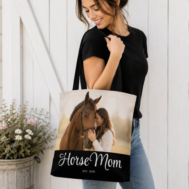 Bolsa Tote Foto preta com script estabelecido de Mãe de Caval (Criador carregado)