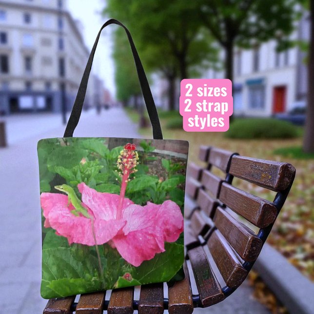 Bolsa Tote Foto rosa Tropical do Flor do Hibisco Anole Lizard (same floral photograph on both sides of tote)