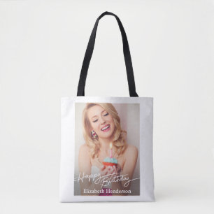 Bolsa Tote Foto simples de aniversário feliz moderno
