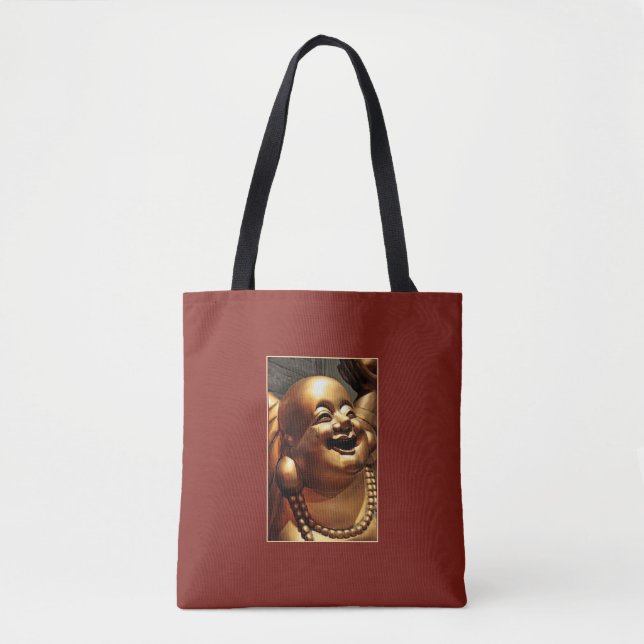 Bolsa Tote Fotografia da Estátua Buda Rindo Dourada em Vermel (Frente)