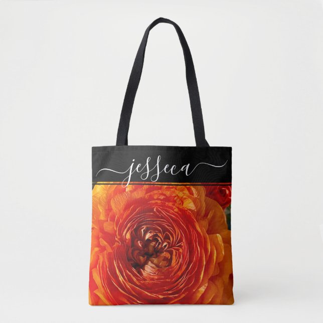 Bolsa Tote Fotografia Ranunculus Laranja Floral Personalizada (Frente)