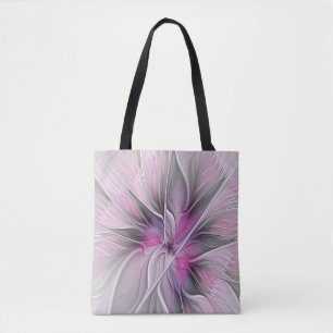 Bolsa Tote Fractal Fractal Moderna Abstrato com Cinza Rosa Fl
