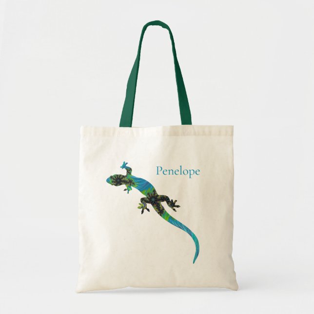 Bolsa Tote Fractal Verde e Azul vívido com Nome (Frente)