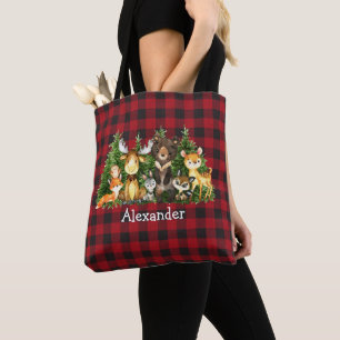 Bolsa Tote Fralda de Xadrez de Animais da Floresta de Natal