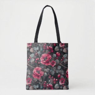 Bolsa Tote Framboesa, flores de burguesia em cinzas escuras