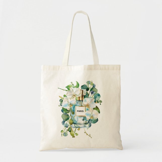 Bolsa Tote Frasco de Perfume Elegante com Orquídea Branca (Frente)