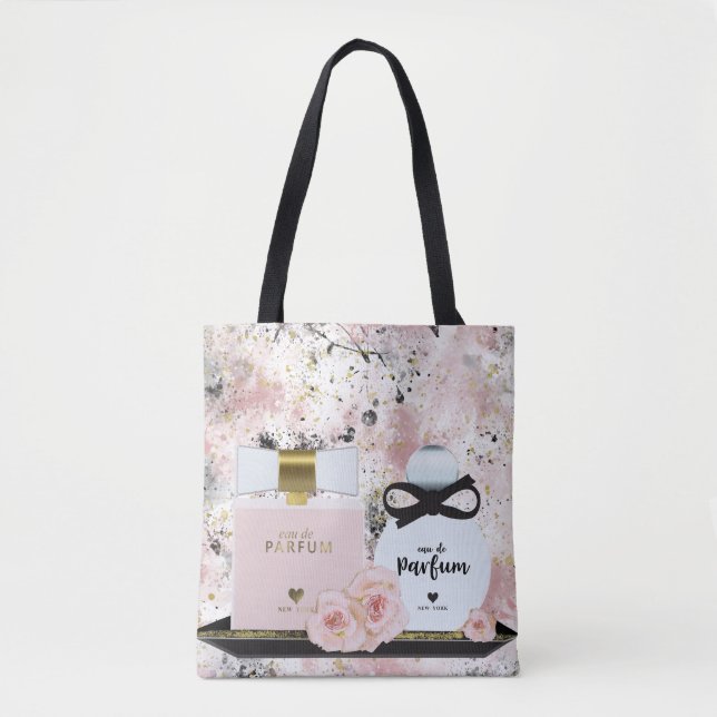 Bolsa Tote Frascos de Perfume de Nova York Dourado & Rosas Ro (Frente)