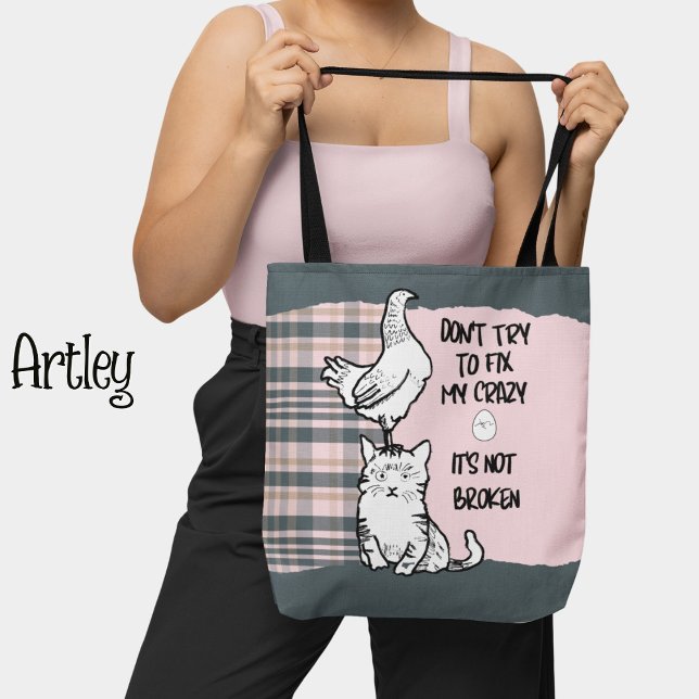 Bolsa Tote Frase Engraçada Gato e Xadrez Rosa Frango (Criador carregado)