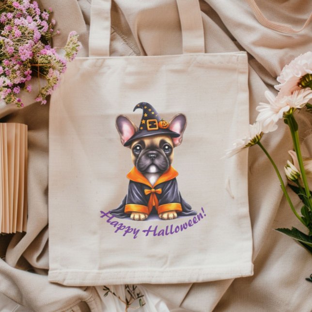 Bolsa Tote Frenchie Halloween Purple Robe Witchy Hat (Criador carregado)