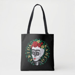 Bolsa Tote Frida Kahlo   Crânio com Rosa