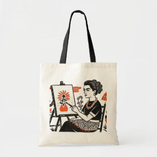 Bolsa Tote Frida Kahlo sentado pintando estilo design floral