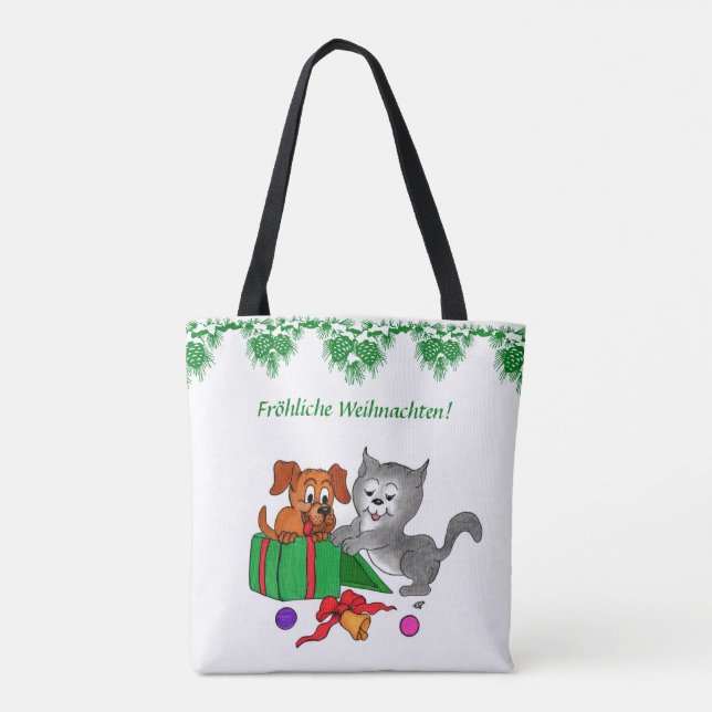Bolsa Tote Fröhliche Weihnachten, Hund Katze auf Deutsch (Verso)