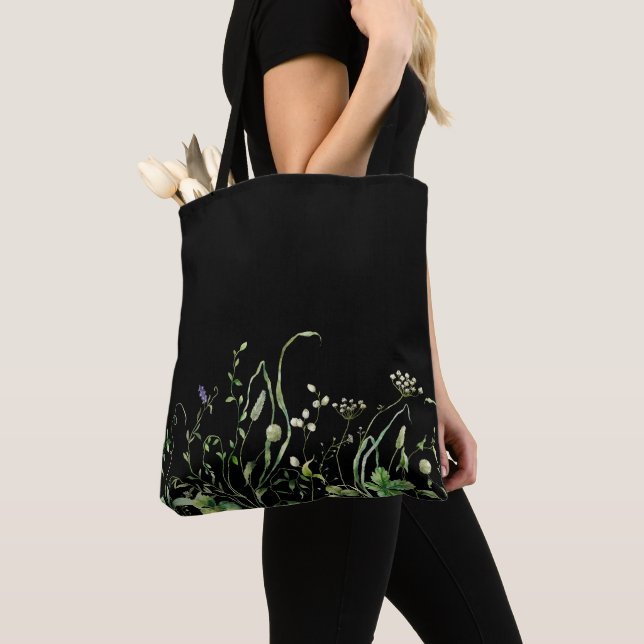 Bolsa Tote Fronteira de Flores Silvestres em Preto (Close Up)