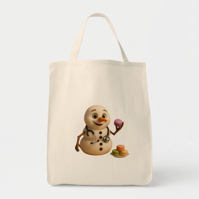 Bolsa Tote Frosty - Médico Bonito de Snowman com Macarons (Frente)