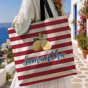 Bolsa Tote Fruta cítrica listrada azul e vermelha fresca