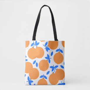 Bolsa Tote Fruta Laranja: Padrão Infinito De Balança Azul.