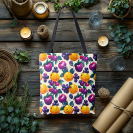 Bolsa Tote Fruta vibrante com Uvas, Maçãs e Laranjas