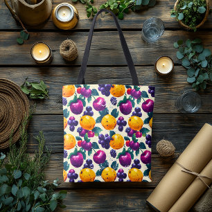 Bolsa Tote Fruta vibrante com Uvas, Maçãs e Laranjas
